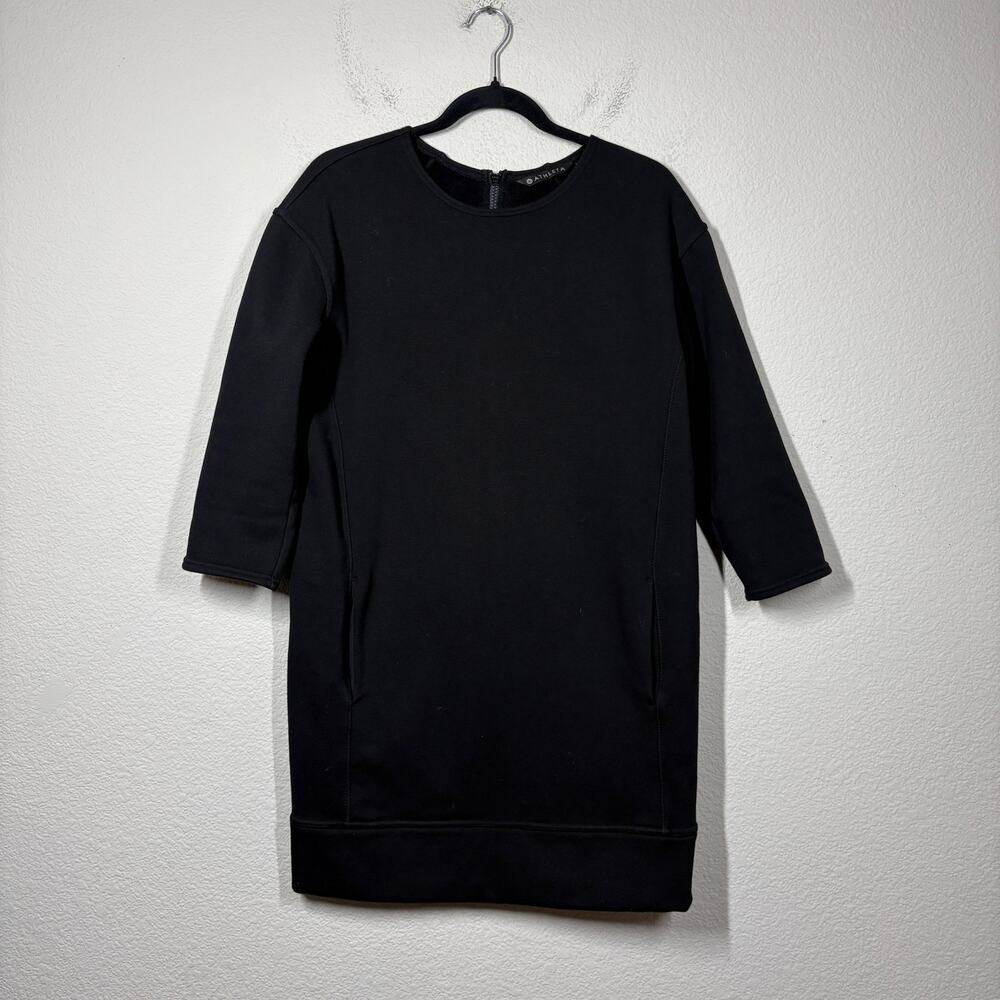 Athleta Size Small Cozy Karma Sweatshirt Dress Black Faux Leather Trim Back Zip